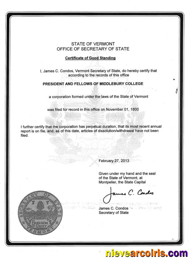 USA Vermont certificate of good standing